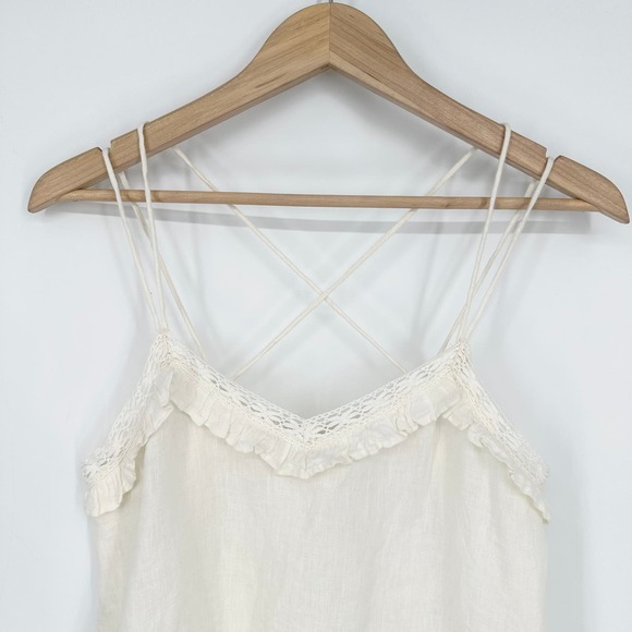 ZARA 100% Linen Cami Ruffle Lace Sleeveless Strappy V neck Tank Top, White - Picture 6 of 13
